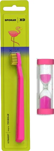 Дитяча зубна щітка Spokar XD Ultrasoft з пісочним годинником Рожево-жовта (8593534342156_рожево-жовта_з пісочним годинником)