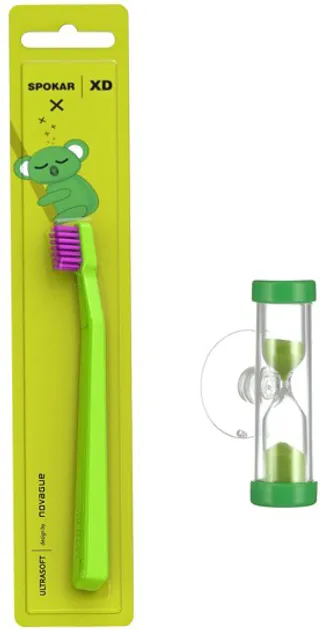 Дитяча зубна щітка Spokar XD Ultrasoft з пісочним годинником Зелено-рожева (8593534342156_зелено-розовая_с песочными часами)