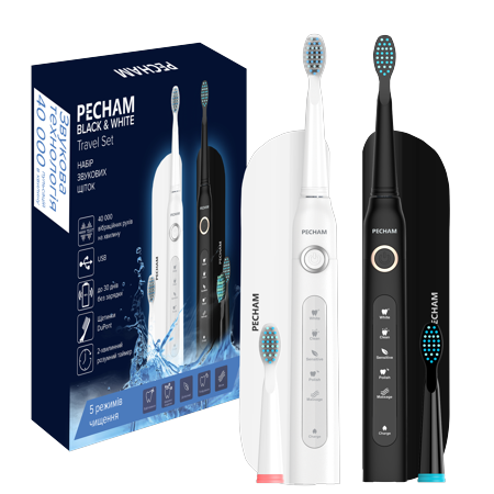 Набір звукових зубних щіток Pecham Black and White Travel Set 2 шт