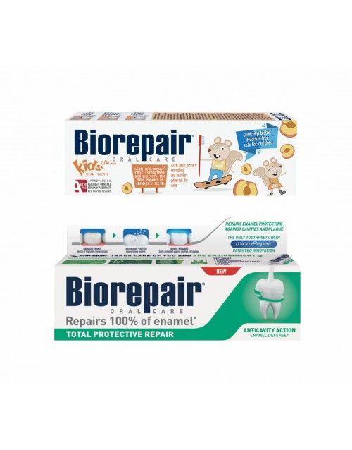 Комплект Biorepair дитяча зубна паста Веселе мишеня Персик 50 мл + зубна паста Абсолютний захист та відновлення 75 мл