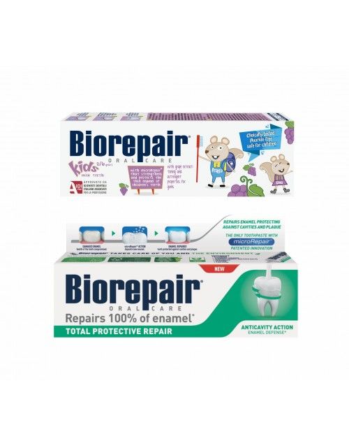Комплект Biorepair дитяча зубна паста Веселе мишеня Виноград 50 мл + зубна паста Абсолютний захист та відновлення 75 мл